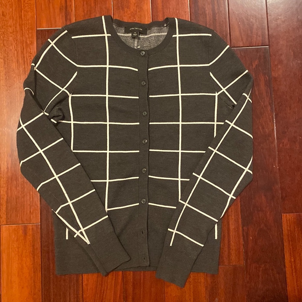 Ann Taylor Gray Wool Blend Grid Cardigan